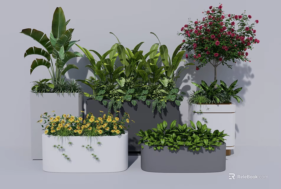 Potted Plants with Lush Green Leaves and Colorful Flowers in White Gray Rectangular Square Pots 3d model 