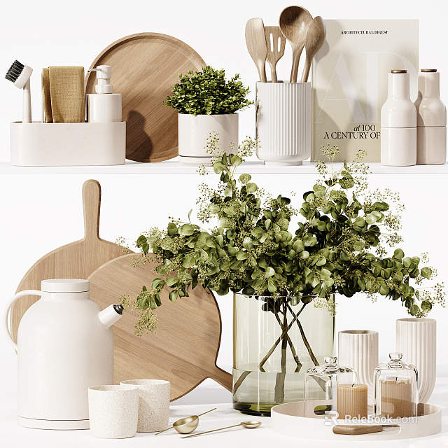 Stylish Modern Kitchen Tools Display With Wooden Cutting Boards White Containers And Green Plants 3d model 