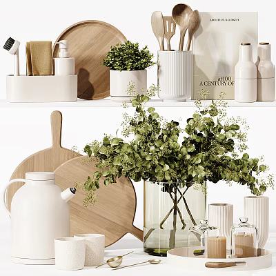 Stylish Modern Kitchen Tools Display With Wooden Cutting Boards White Containers And Green Plants 3d model