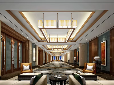 Luxurious Hotel Corridor with Chandeliers Wooden Panels Comfortable Sofas Decorative Paintings and Patterned Carpet 3d model