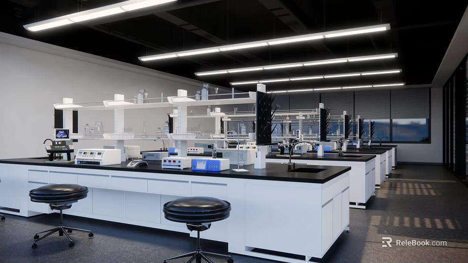 Modern Laboratory Interior Design With White Long Workbenches Equipment And Overhead Lighting 3d model 