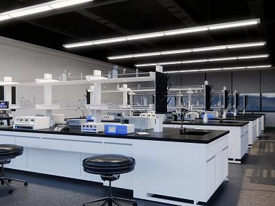 Modern Laboratory Interior Design With White Long Workbenches Equipment And Overhead Lighting 3d model