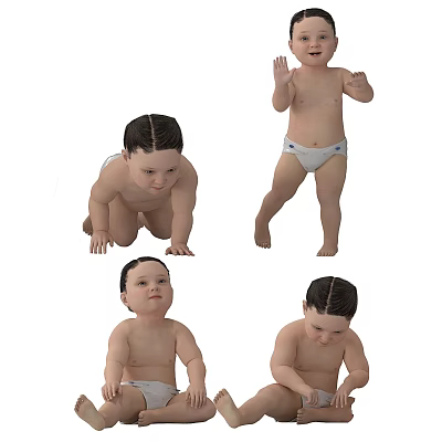 Baby In Various Poses Crawling Standing Sitting And Waving With White Diaper 3d model
