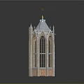 Gothic Architecture Tower With Spire Arched Windows And Stone Brick Structure 3d model