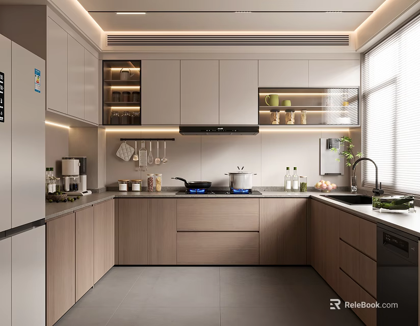 Modern Kitchen Interior With Light Cabinets Under Cabinet Lighting Range Hood Sink And Appliances 3d model 