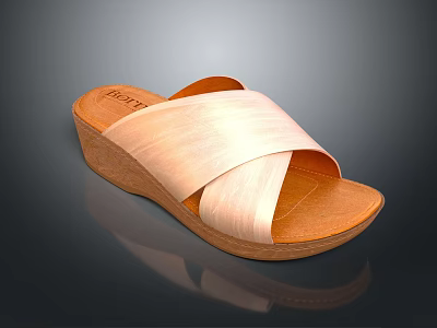 Light Brown Wooden Sole Wedge Sandals With Crisscross Straps For Casual Summer Wear 3d model
