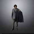 Man In Gray Suit With Red Tie Holding Dark Blue Suit Jacket Against Gray Background