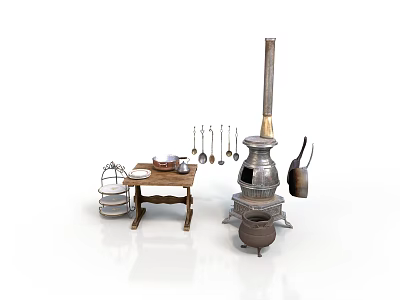 Vintage Kitchen Scene With Antique Stove Wooden Table Metal Utensils And Kettle 3d model