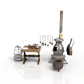 Vintage Kitchen Scene With Antique Stove Wooden Table Metal Utensils And Kettle