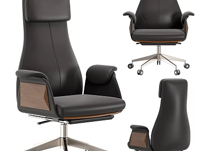 Modern Ergonomic Black Leather Office Chair With Wooden Armrests And Metal Swivel Base 3d model