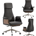 Modern Ergonomic Black Leather Office Chair With Wooden Armrests And Metal Swivel Base