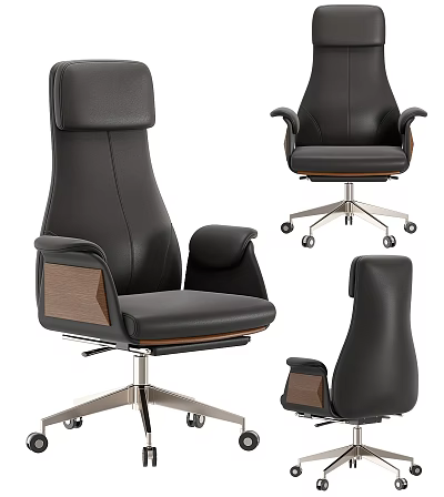 Modern Ergonomic Black Leather Office Chair With Wooden Armrests And Metal Swivel Base 3d model
