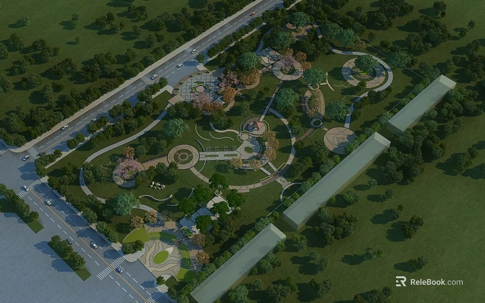 Scenic Park Landscape With Winding Paths Green Trees And Circular Lawn Areas 3d model 