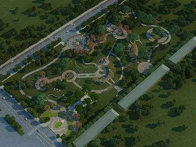 Scenic Park Landscape With Winding Paths Green Trees And Circular Lawn Areas 3d model