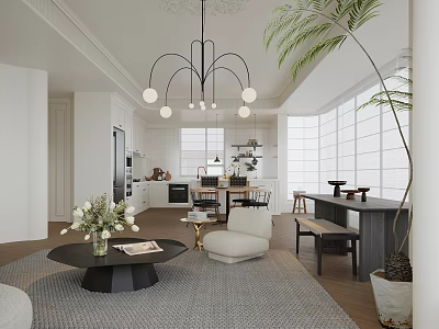 Modern Dining and Living Room Interior Design With Chandelier Sofa Coffee Table And Green Plants 3d model