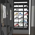 Organized Walk In Closet Design With Multiple Sneakers On Glass Shelves