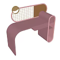 Modern Pink Vanity Table With Round Mirror Grid Design And Open Shelf 3d model