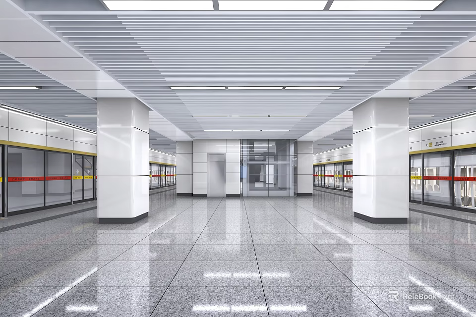 Modern Subway Station Spacious Interior With White Columns Sleek Floor And Ceiling Lights 3d model 