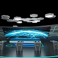 Futuristic Control Room Interior With High Tech Blue White Design And Circular Console Screens
