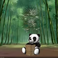 Cute Panda Holding Bonsai Plant Pot in Lush Bamboo Forest