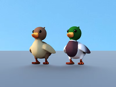 Two Cute Cartoon Ducks With Brown Green Heads White Bodies On Blue Sky 3d model