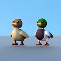 Two Cute Cartoon Ducks With Brown Green Heads White Bodies On Blue Sky
