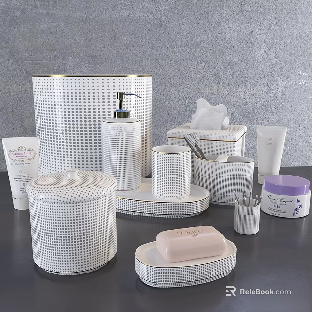 Stylish White Grid Pattern Bathroom Essentials with Soap Dish Lotion Dispenser Tissue Box and Containers 3d model 