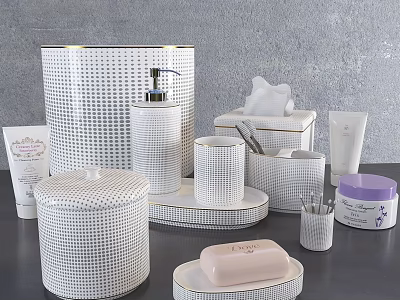 Stylish White Grid Pattern Bathroom Essentials with Soap Dish Lotion Dispenser Tissue Box and Containers 3d model