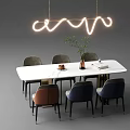 Modern Dining Table Set With Rectangular White Table Multicolor Chairs And Curved Neon Pendant Light 3d model