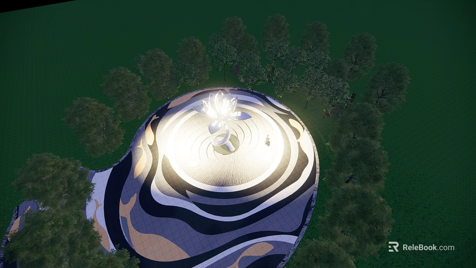 Garden Landscape Featuring Circular Illuminated Structure With Surrounding Trees And Central Decorative Element 3d model 