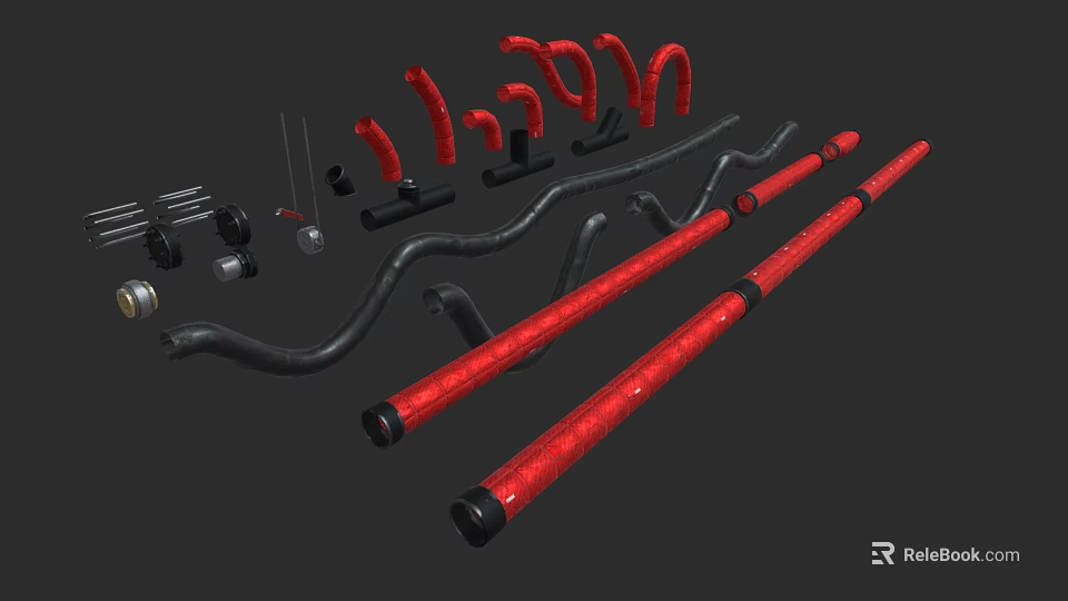 Red And Black Industrial Pipes With Flexible Curved Fittings And Straight Tubes 3d model 