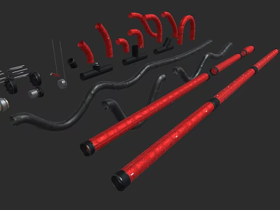 Red And Black Industrial Pipes With Flexible Curved Fittings And Straight Tubes 3d model