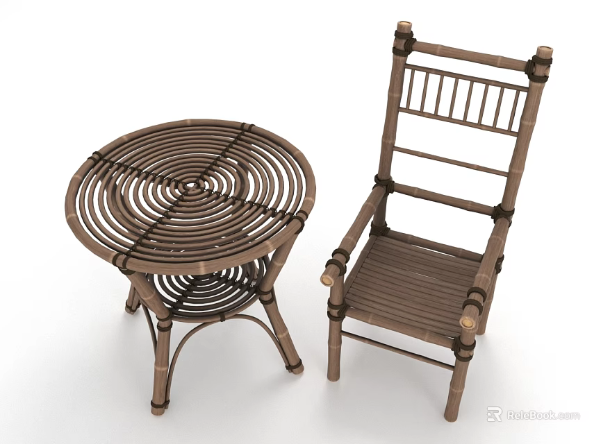 Natural Rattan Table And Chair Set With Round Woven Table And Ladder Back Chair 3d model 