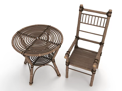 Natural Rattan Table And Chair Set With Round Woven Table And Ladder Back Chair 3d model