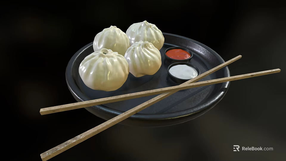 Delicious Steamed Buns on Black Plate with Red and White Sauces and Chopsticks 3d model 