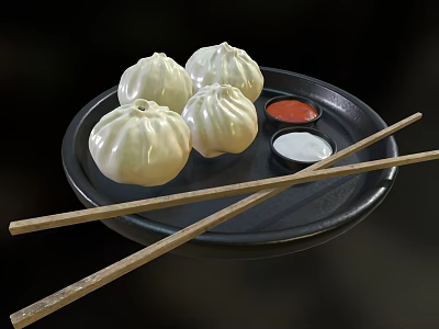 Delicious Steamed Buns on Black Plate with Red and White Sauces and Chopsticks 3d model