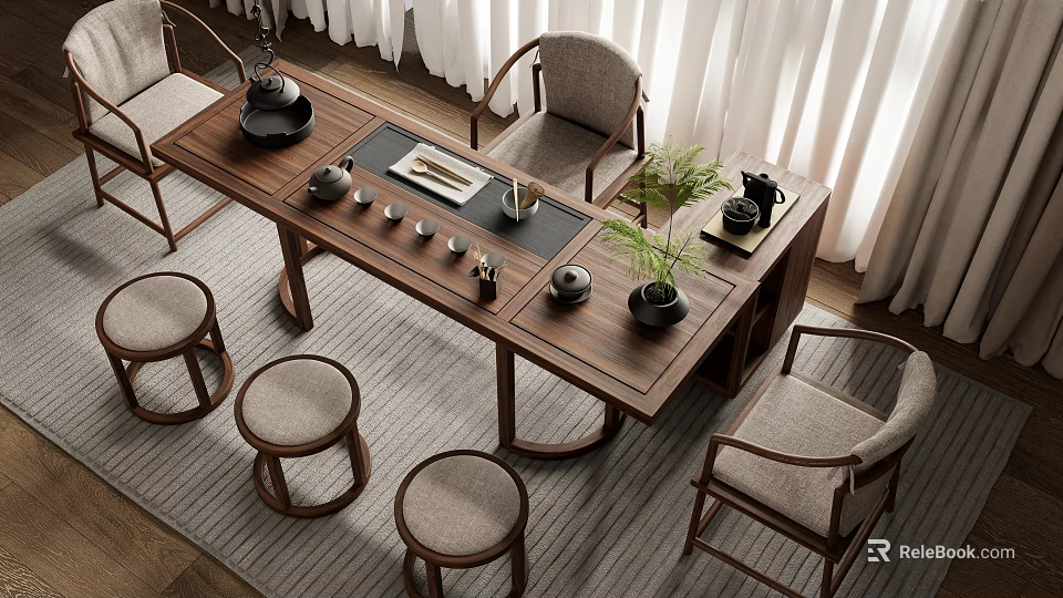 Modern Chinese Wooden Tea Table And Chairs Interior Design With Tea Set And Stools 3d model 