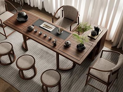 Modern Chinese Wooden Tea Table And Chairs Interior Design With Tea Set And Stools 3d model