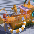 Bright Yellow Container Building With Cat Face Headphones Bear Sculpture And People Under Blue Sky