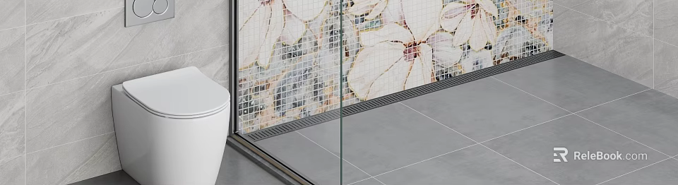 Modern Bathroom With Glass Shower Partition Gray Tiled Floor White Toilet And Floral Mosaic Wall 3d model 