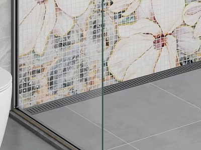 Modern Bathroom With Glass Shower Partition Gray Tiled Floor White Toilet And Floral Mosaic Wall 3d model