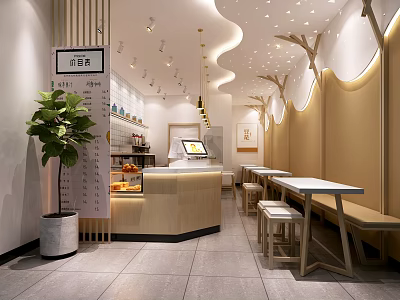 Elegant Modern Bubble Tea Shop Interior With Wooden Counter Seating Area And Potted Plant 3d model
