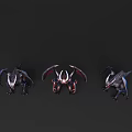 Three Mythical Winged Flying Creatures With Black Wings Red Accents And Horned Heads