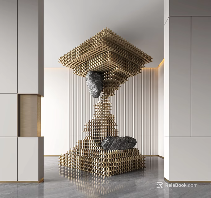 Modern Indoor Sculpture With Stacked Golden Cube Structure And Black Stones 3d model 
