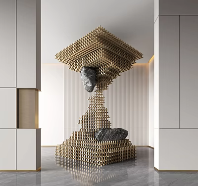 Modern Indoor Sculpture With Stacked Golden Cube Structure And Black Stones 3d model
