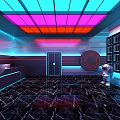 Modern Bar Interior With Colorful Neon Ceiling Lights Reception Desk And Dark Marble Floor