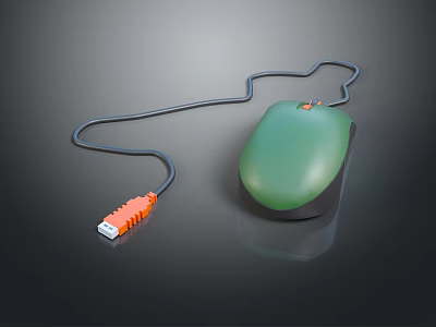 Green Wired Computer Mouse With Orange USB Connector And Cable 3d model