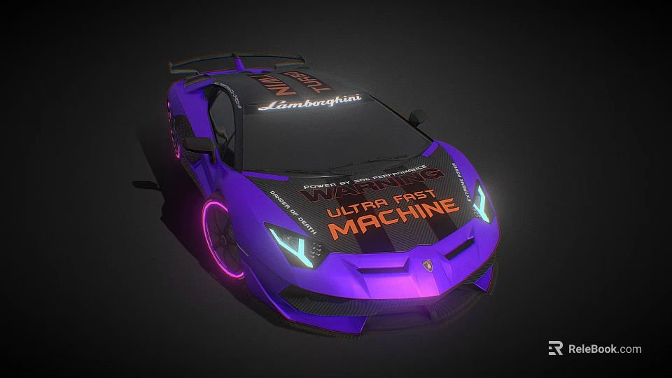 Purple Lamborghini Sports Car With 38 On Roof Neon Lights And Watcha Fast Machine Text 3d model 