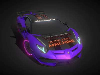 Purple Lamborghini Sports Car With 38 On Roof Neon Lights And Watcha Fast Machine Text 3d model