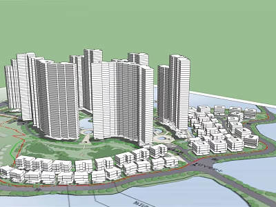 Modern Residential Complex Featuring High Rise Towers Low Rise Buildings And Waterfront Landscape Design 3d model